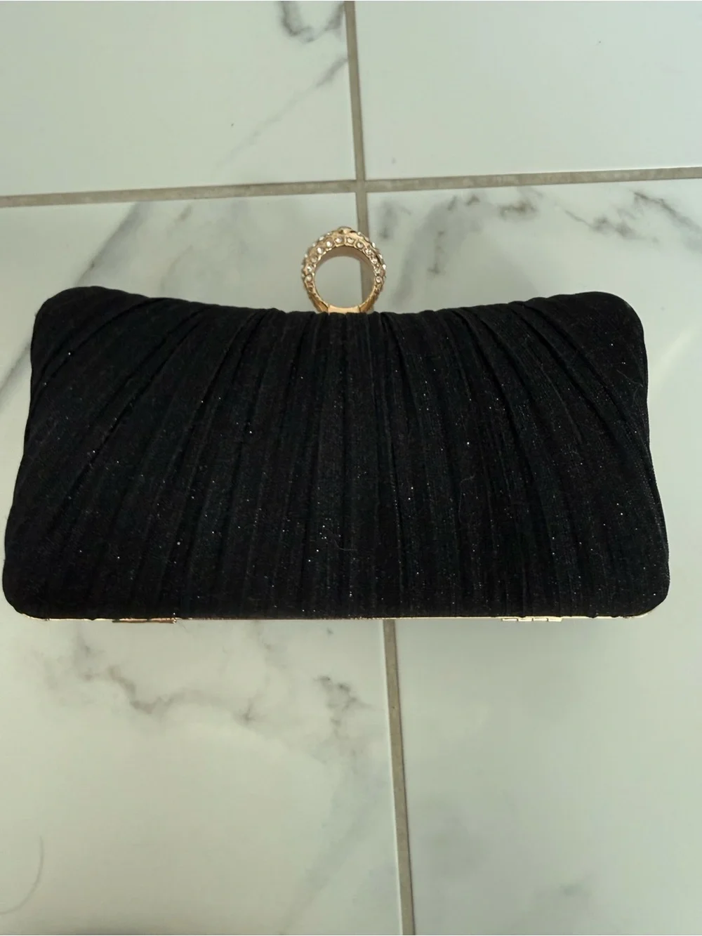Amazon Black Pleated Evening Clutch with Jeweled Ring